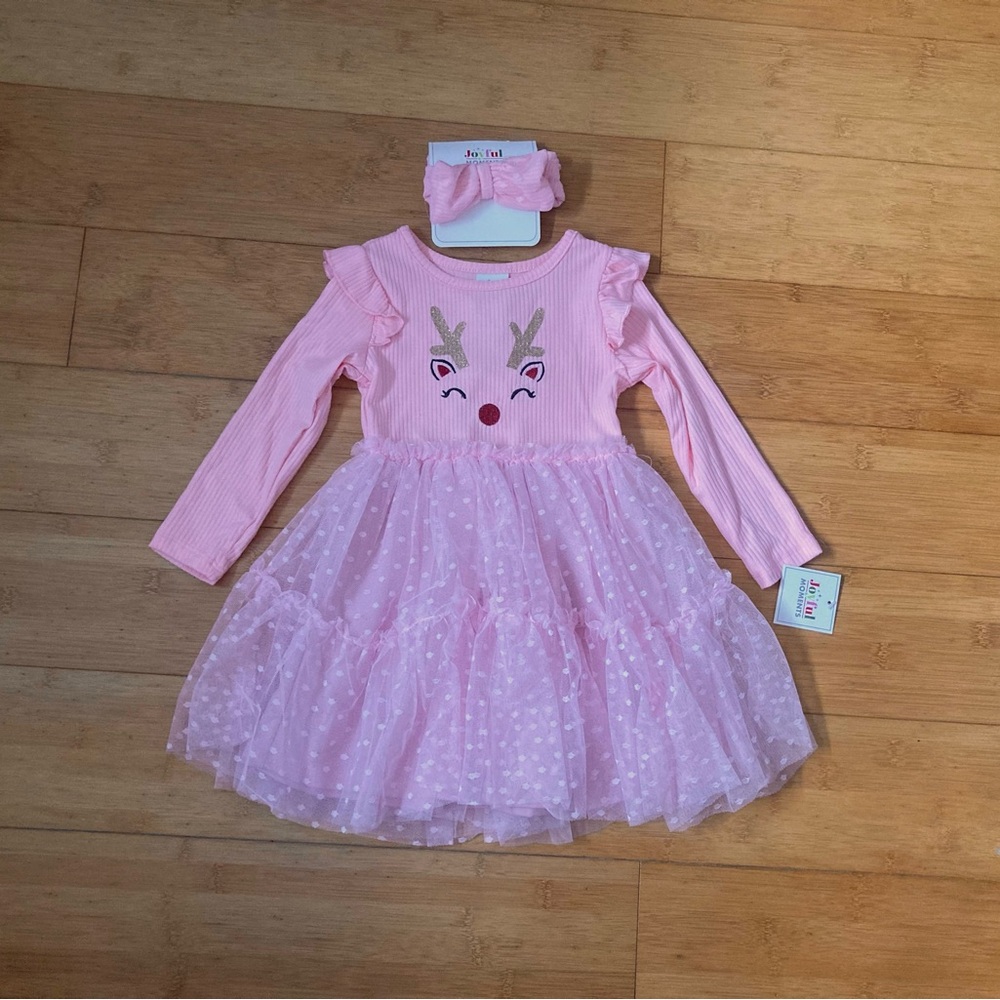 NWT Girls Size 2T Pink Christmas Reindeer Dress Holiday